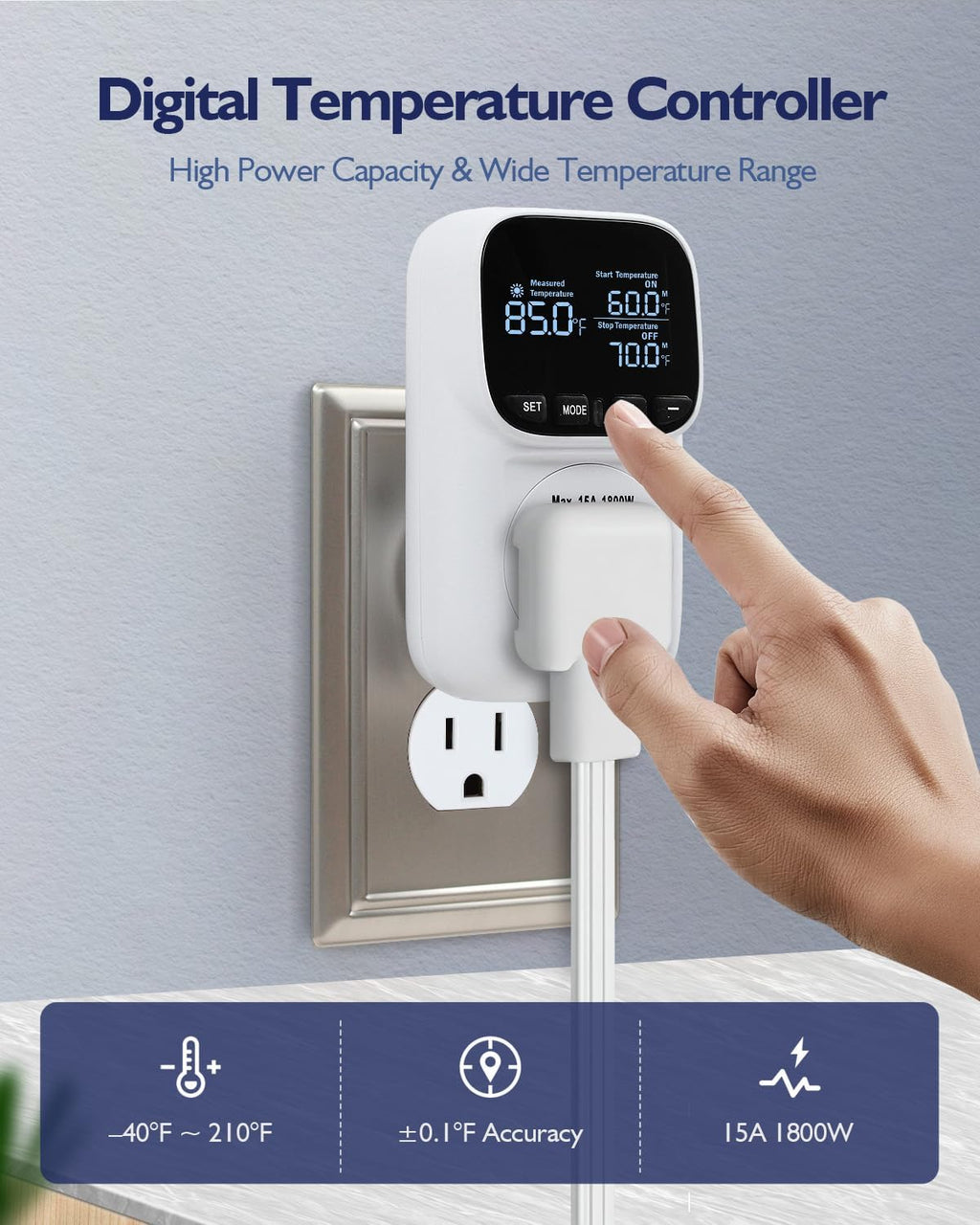 Digital Temperature Controller, Heating & Cooling Thermostat Plug Outlet, –40°F~210°F, 15A 1800W, LCD Display, Temperature Controlled Outlet for Home, Greenhouse, Chicken Coop, Reptile