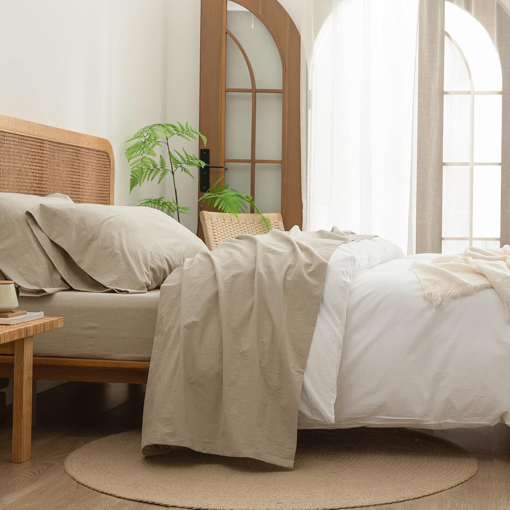 BESTOUCH Sheet Set 100% Washed Cotton Linen Feel Super Soft Comfortable Chic Lightweight 4 Pcs Home Bedding Set Solid Almond Milk Grey King