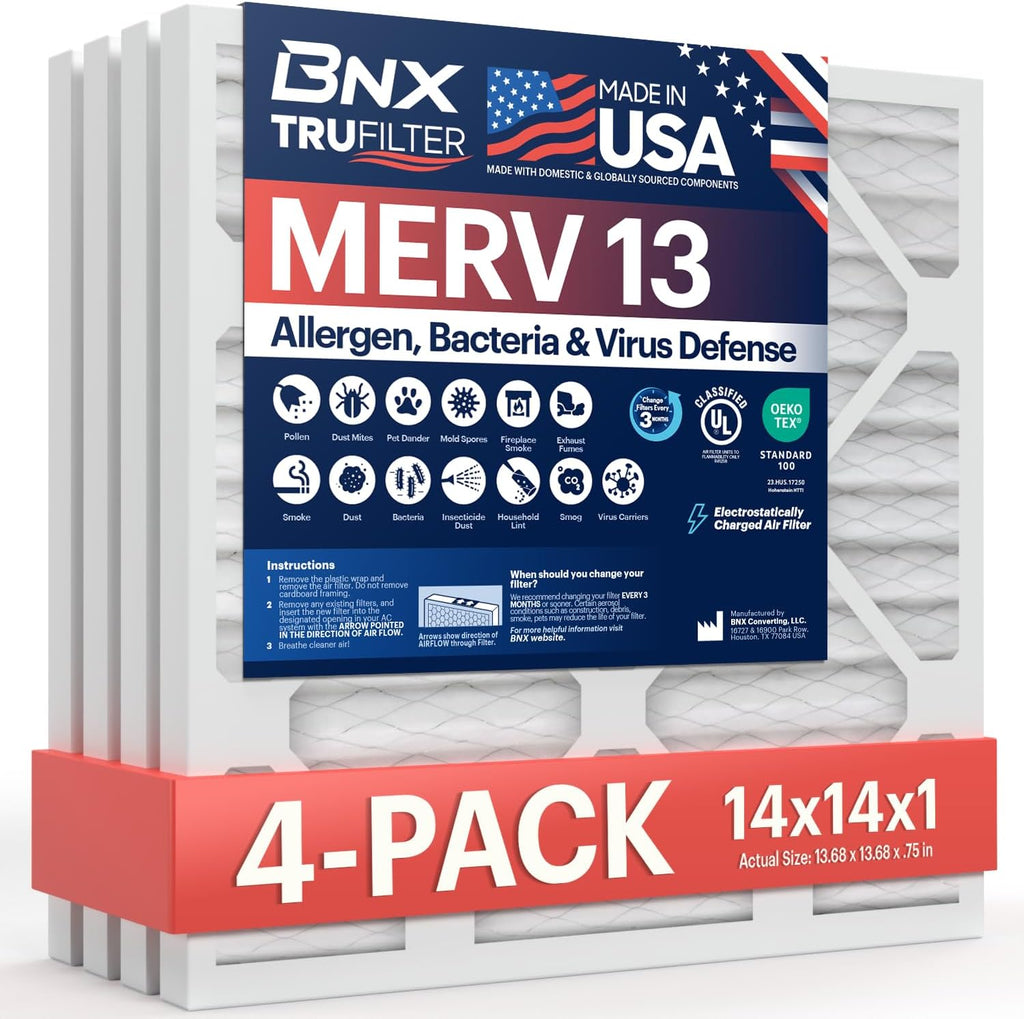 BNX TruFilter 14x14x1 Air Filter MERV 13 (4-Pack) - MADE IN USA - Electrostatic Pleated Air Conditioner HVAC AC Furnace Filters for Allergies, Pollen, Mold, Bacteria, Smoke, Allergen, MPR 1900 FPR 10