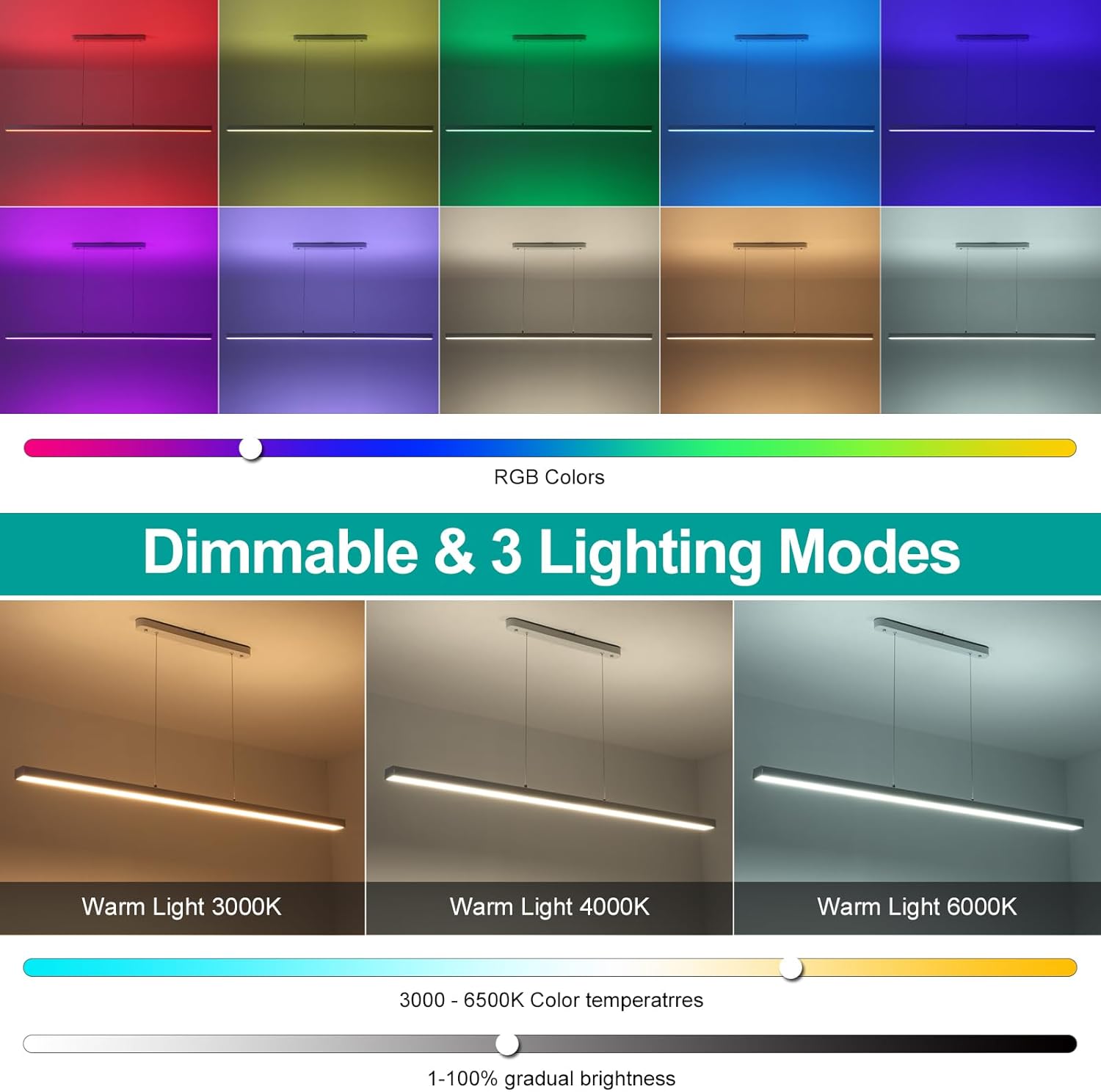 Smart APP Remote Control Adjustable Color RGBCW Linear LED Modern Pendant Light Full Spectrum Modern Minimalist Restaurant Office Restaurant Coffee Shop bar Office
