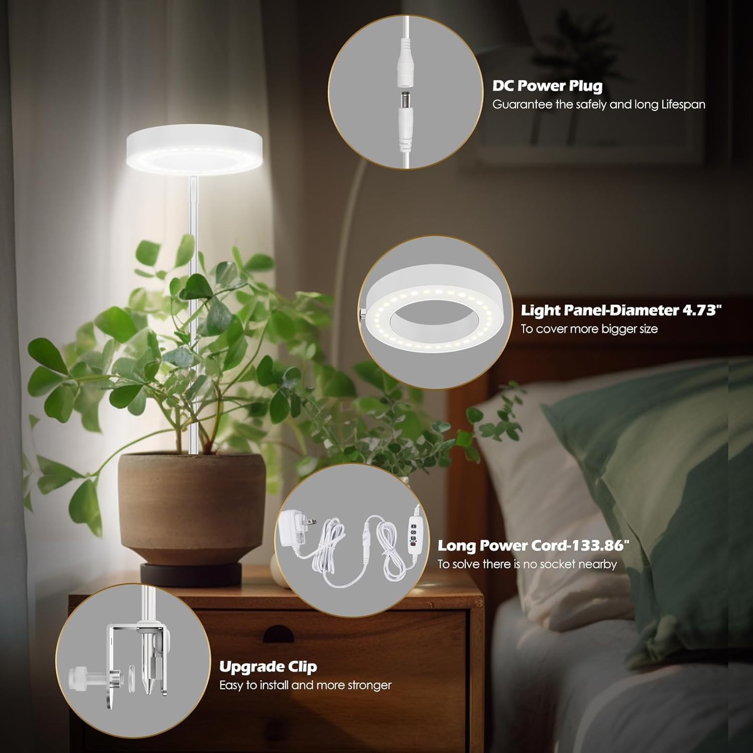 GLOWRIUM Grow Lights for Indoor Plants, Full Spectrum LED Grow Light Floor Lamp with Stand Adjustable Height and Angle, Black Plant Light with 3/9/12H Grow Light Timer (White, 6W)
