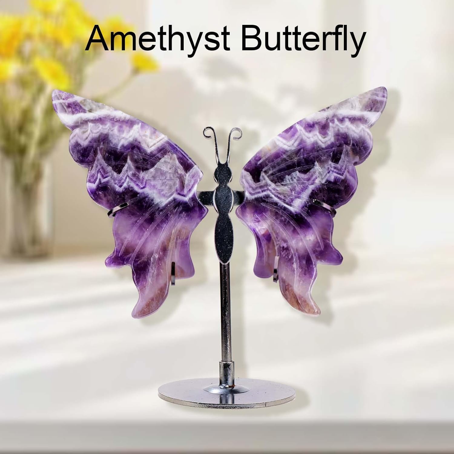Apengshi Natural Genuine Crystal Statues Butterfly Ornament, Amethyst Agate Wings, Home Office Tabletop Decor (Amethyst)