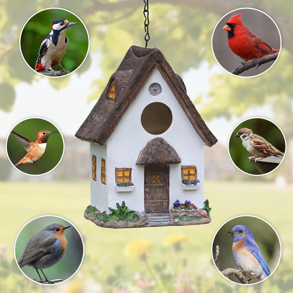Bird Houses for Outside Rustic Cottage Birdhouse with Thatch Roof – Hand-Painted Resin Bird Houses for Outdoors for Hummingbird Finches Cardinals Bird Nesting Garden, Patio, Yard