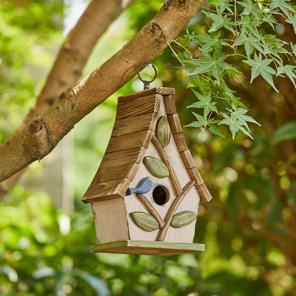 Glitzhome Bluebird House for Outside, 9.5" H Distressed Hanging Birdhouse Solid Wood Bird Houses for Outdoor, Decorative Birdhouse with Natural Wood Pallet Roof and 3D Tree for Garden,Washed White