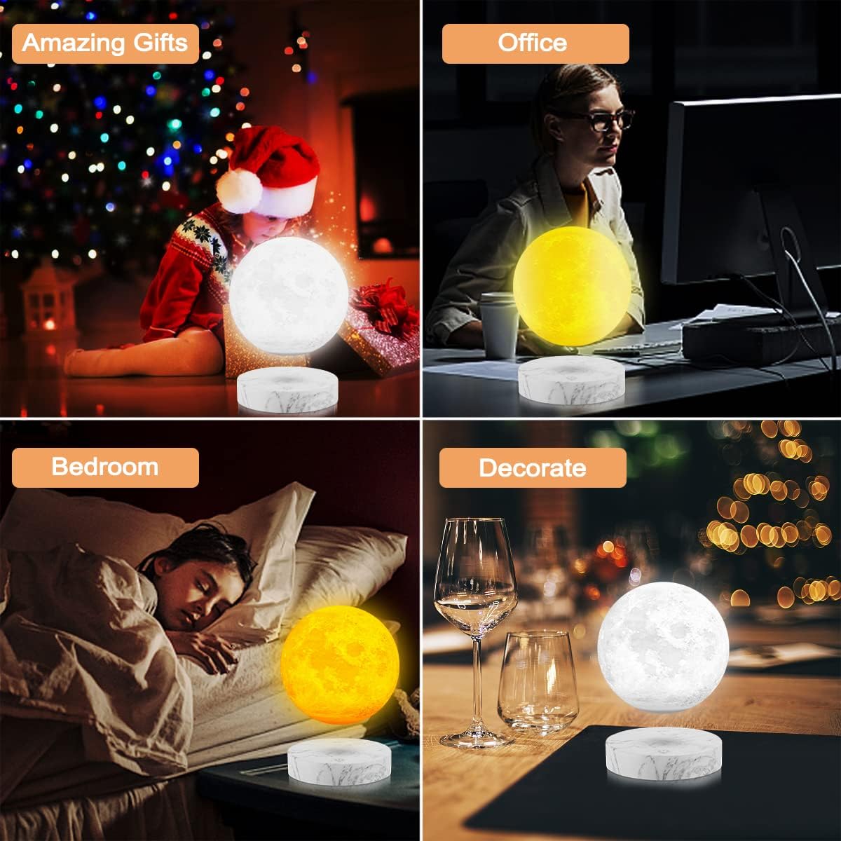 VGAzer Levitating Moon Lamp,Floating and Spinning in Air Freely with 3D Printing LED Moon Light Has 3 Colors for Unique Christmas Gifts,Room Decor (Marble Base 3 Colors)