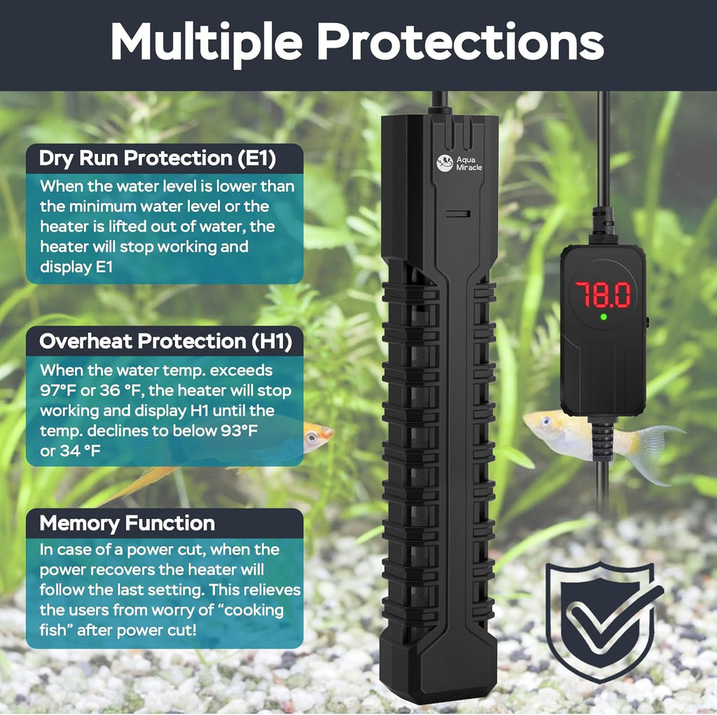 AquaMiracle Fish Tank Heater Turtle Tank Heater with Protective Housing, Adjustable Aquarium Heater with LED Digital Display Thermostat, for Aquariums 75-120 Gal(500W)