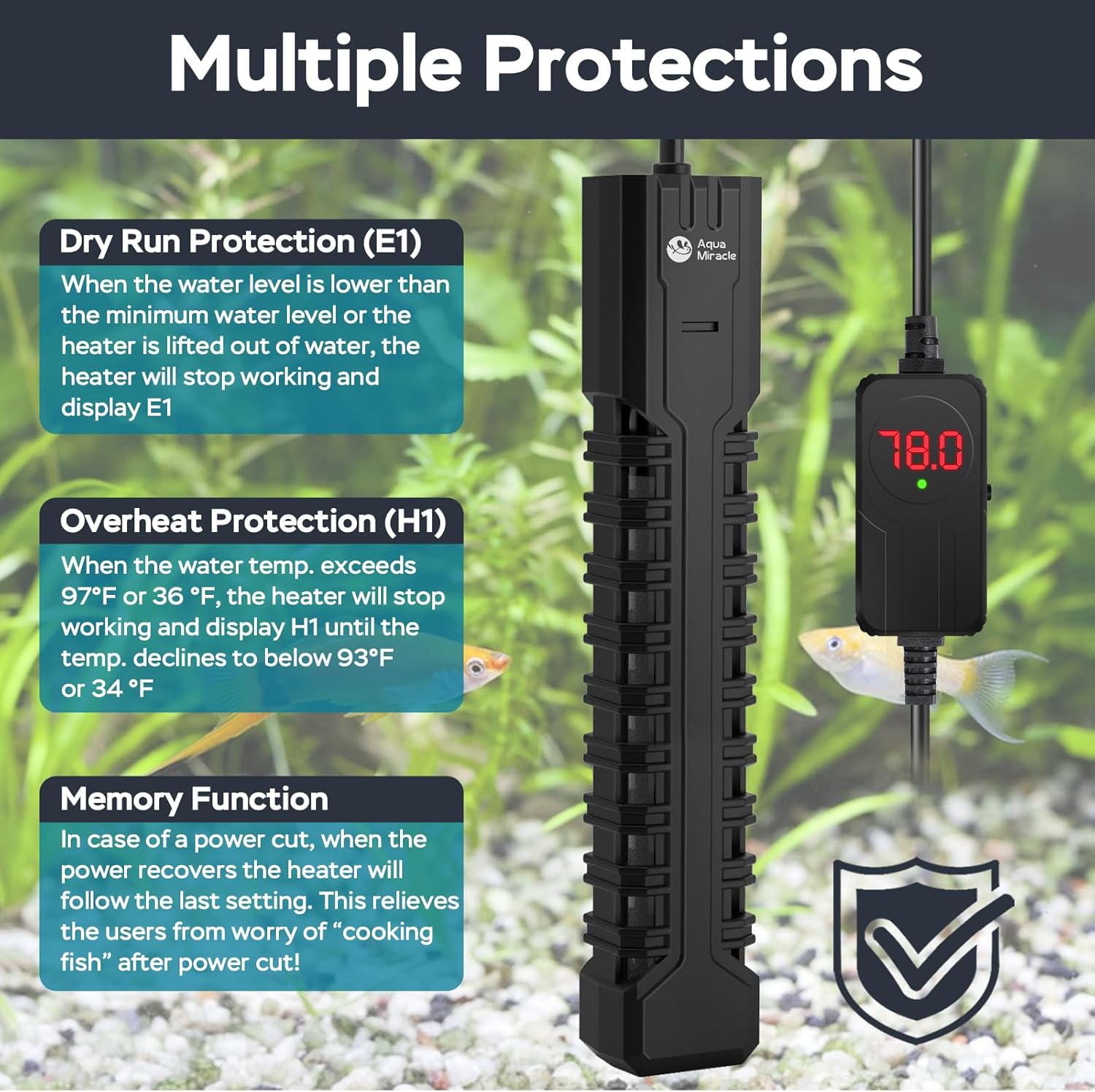 AquaMiracle Fish Tank Heater Turtle Tank Heater with Protective Housing, Adjustable Aquarium Heater with LED Digital Display Thermostat, for Aquariums 75-120 Gal(500W)