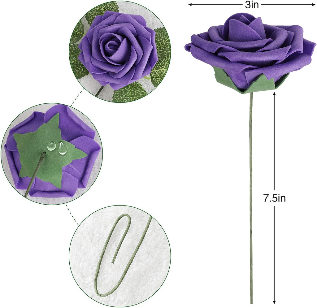 AmyHomie Artificial Flower Seriesc Purple Rose 25pcs Real Looking Fake Roses w/Stem for DIY Wedding Bouquets Centerpieces Arrangements Party Baby Shower Valentines Day Christmas Tree Decorations