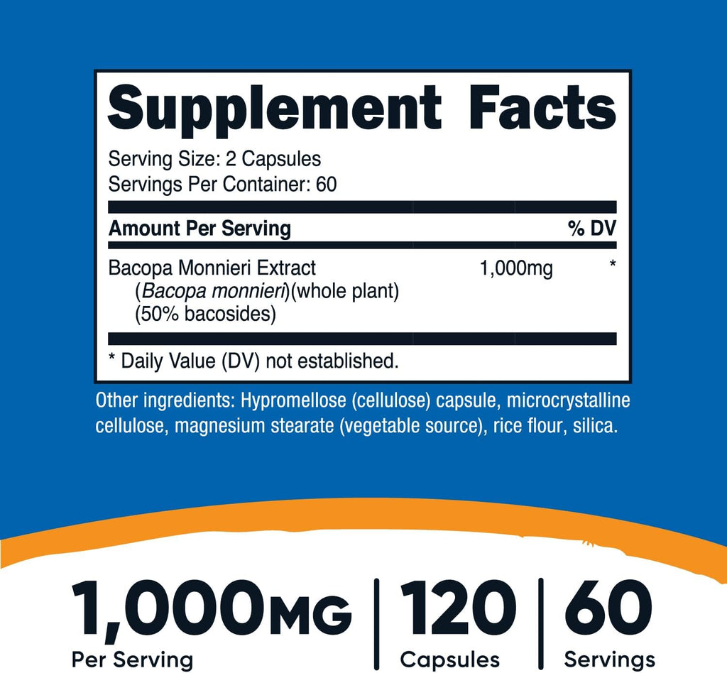 Nutricost Bacopa Monnieri 1,000mg, 120 Capsules (60 Servings) - Non-GMO, Gluten Free, and Vegetarian Friendly (Pack of 2)