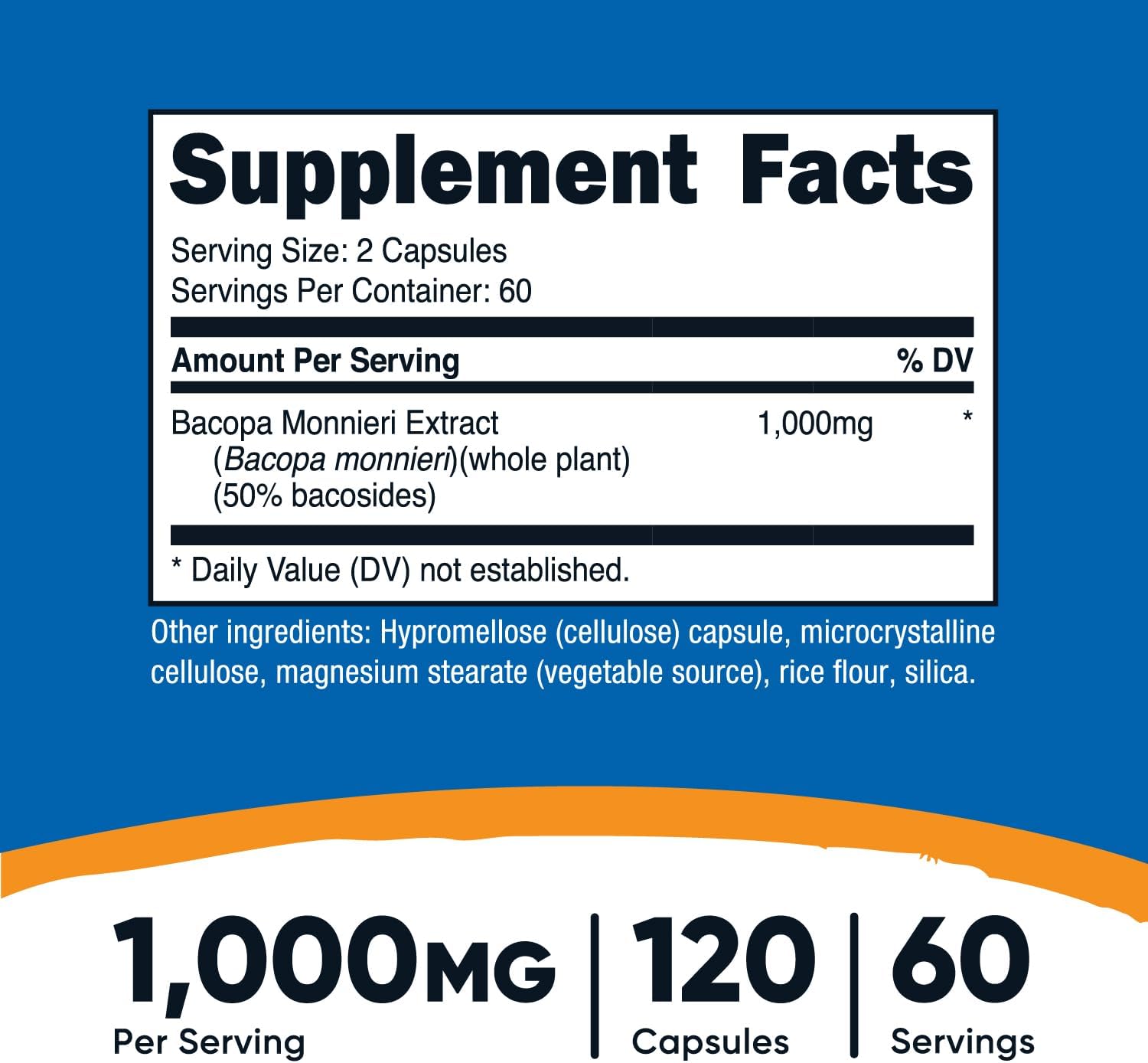 Nutricost Bacopa Monnieri 1,000mg, 120 Capsules (60 Servings) - Non-GMO, Gluten Free, and Vegetarian Friendly (Pack of 2)