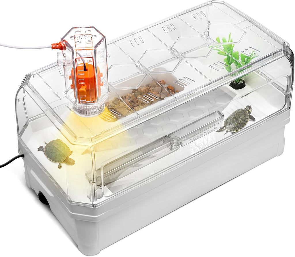 Turtle Tank Kit with Lid,Aquatic Tortoise Habitat Cage Starter Aquarium with Multi-Function Area,UV Basking Platform Light,Water Filter,Rain Shower Arm,Plant,Stone,Enclosure Red Eared Slider