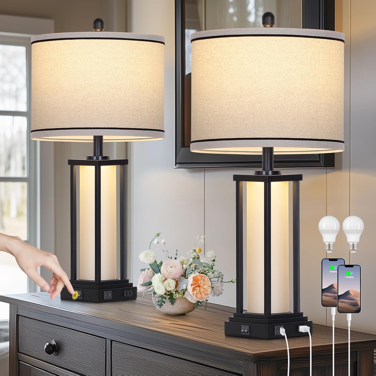 27" Tall Vintage Table Lamp Set of 2 with USB C+A & Outlet,Black Industrial End Table Lamp for Living Room,Farmhouse Rustic Bedside Lamps with Frosted Glass Night Light for Bedroom Nightstand,Black
