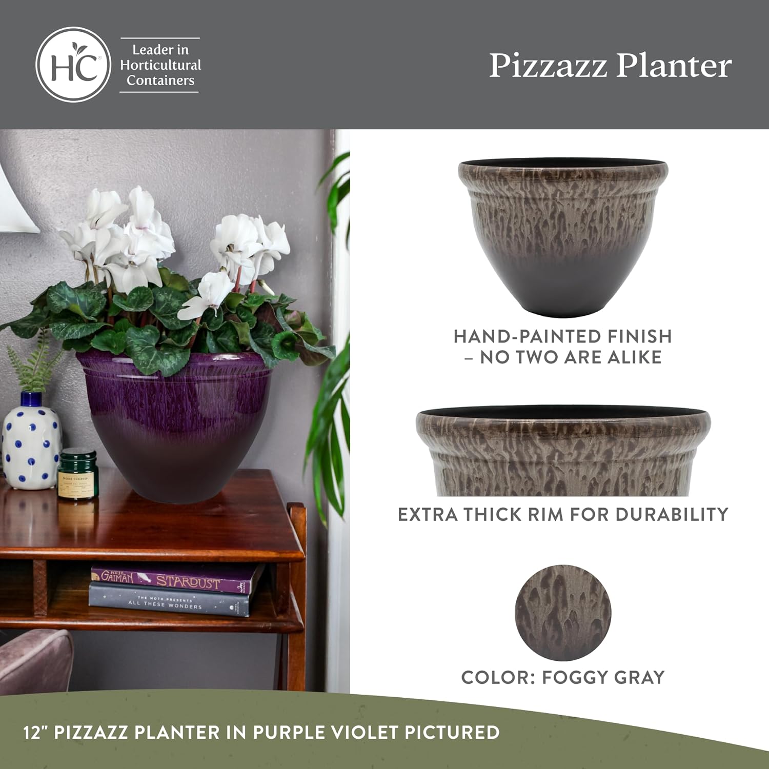 The HC Companies Pizzazz Decorative Round Flower Pots w/Ceramic Look - UV-Resistant Decorative Pot for Outdoor & Indoor Plant Pots - Modern Planter for Flower, Herbs (16” Foggy Gray, Pack of 1)