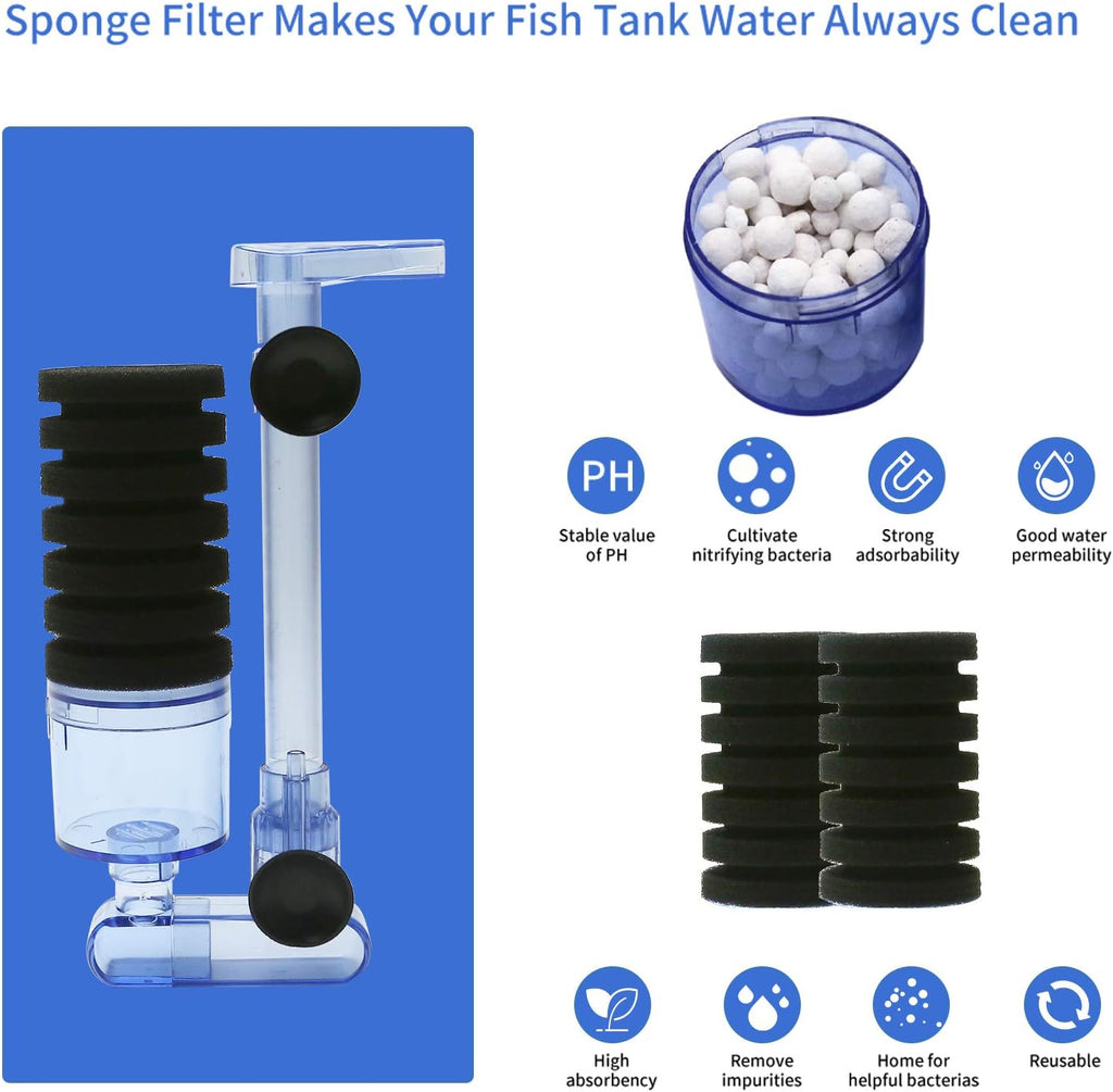 UPETTOOLS 10-40 Gla Aquarium Sponge Filter Ultra Quiet Aquarium Air Pump Small Sponge Fish Tank Filter Comes with 2 Sponges 2of Bio Ceramic Media Balls