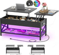 Aheaplus Black Lift-Top Coffee Table with LED Light, Power Outlets and Storage Shelf, 41.7"W x 19.69"L x 19.7"H