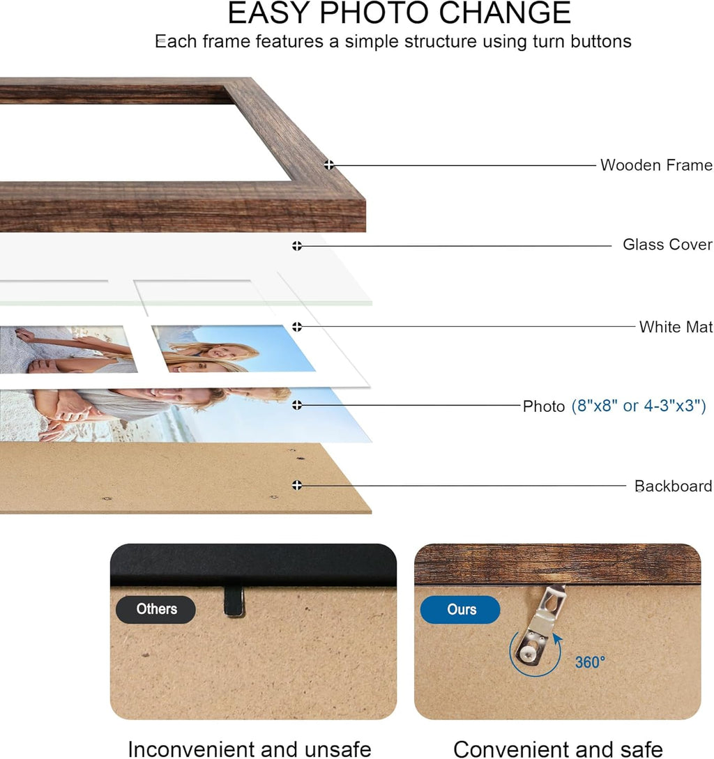 8x8 Picture Frame Set of 2, with Glass and Rustic Brown Wood Frames, Display Collage Four Opening 3x3 With Mat or 8 x 8 Without Mat for Wall Hanging or Tabletop