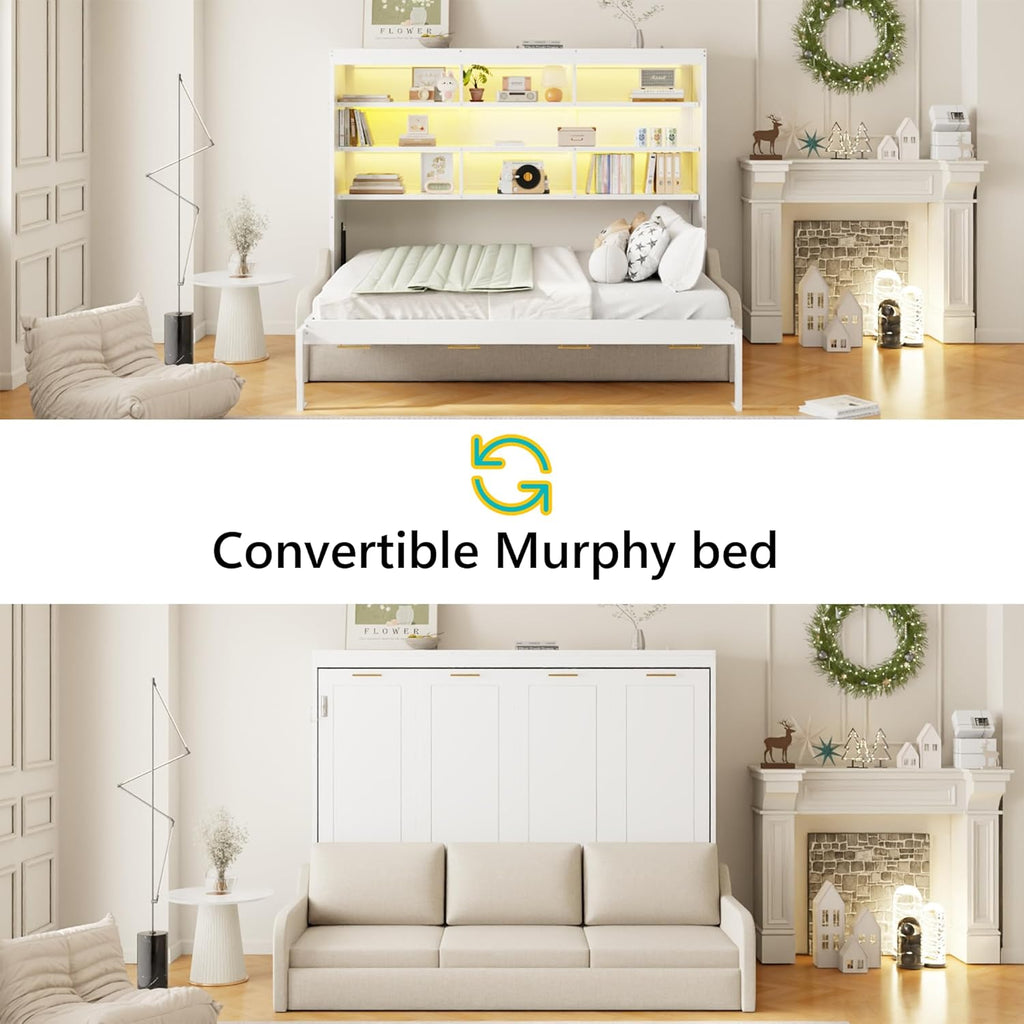 Full Horizontal Murphy Bed with Sofa and Storage Shelves,LED Light,Solid Wood Space Saving Hideaway Murphy Wall Bed with Couch and Storage for Adults (Beige,Full)