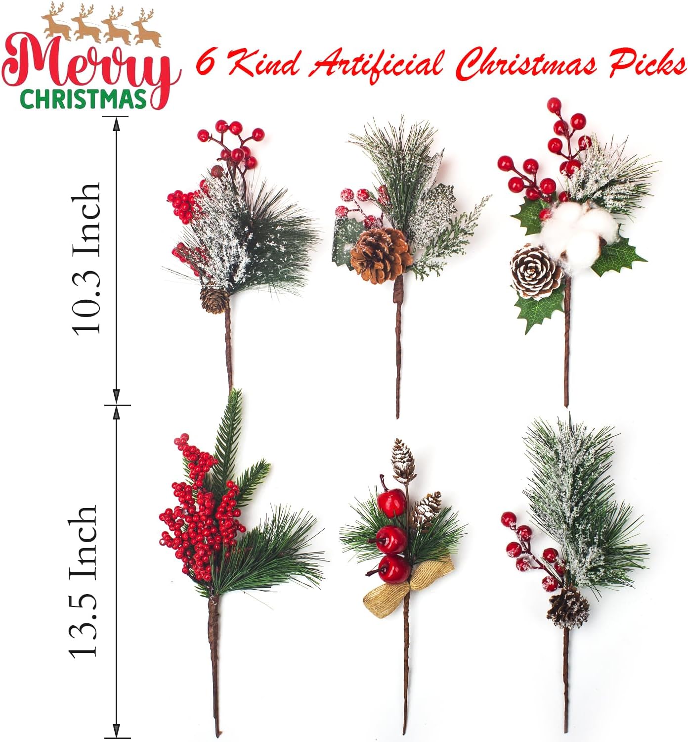 Artificial Pine Picks Christmas Pine Picks Pine Needles Branches with Red Berry Pinecones Berry Branches Fake Berries for Flower Arrangements Wreaths Holiday Xmas Tree Decoration