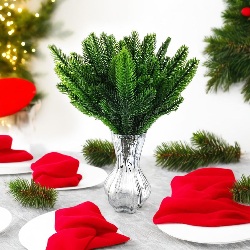 TIHOOD 25PCS 10 Inches Artificial Pine Branches Garland Green Plants Needles Fake Greenery Picks for DIY Wreath Christmas Embellishing and Home Garden Decoration