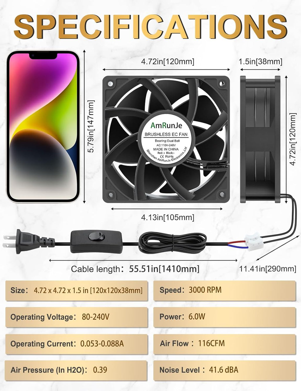 EC Muffin Axial Fan with Plug 120mm x 38 mm High Airflow AC Cooling Fan 110V 115V 120V 220V 240V Dual Ball Bearing for Window Xbox Aquarium Cabinet Soldering Cooling Exhaust*