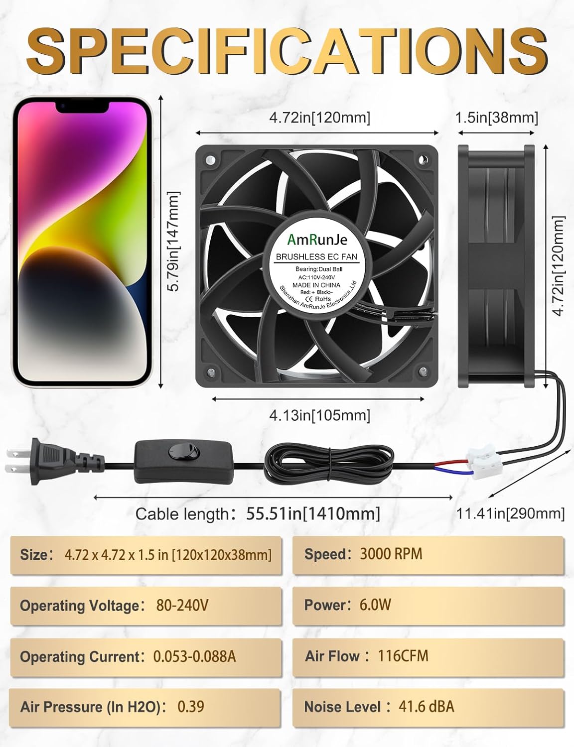 EC Muffin Axial Fan with Plug 120mm x 38 mm High Airflow AC Cooling Fan 110V 115V 120V 220V 240V Dual Ball Bearing for Window Xbox Aquarium Cabinet Soldering Cooling Exhaust*