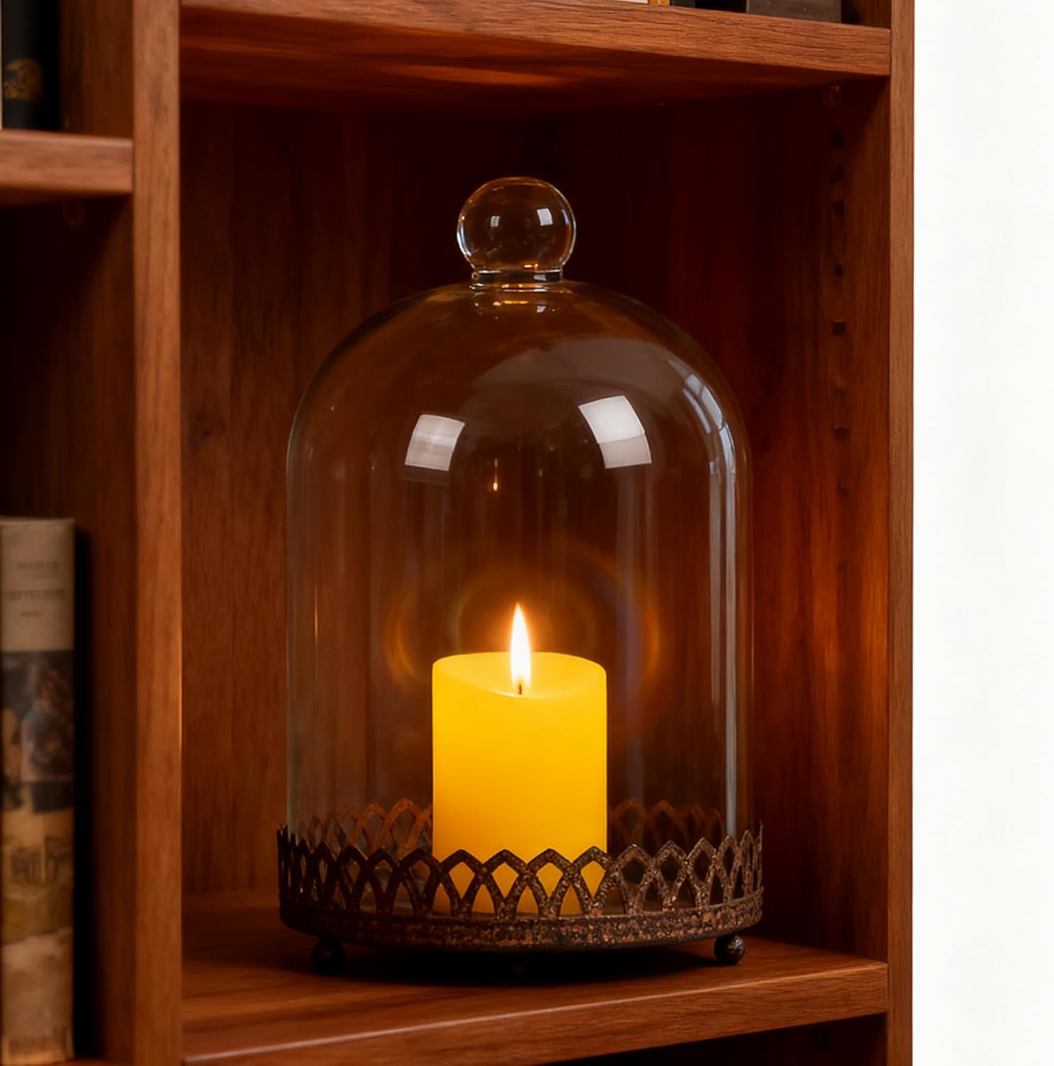Twakutwku 8" Tall Large Sturdy Handmade Glass Cloche Dome with Metal Base in Rustic Brown for Plant, Terrarium, Collectibles, Candle. Cloche Glass Dome, Bell Jar Display Case (Brown, 8")