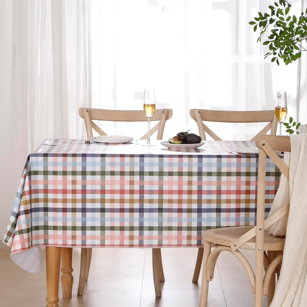 Heavy Duty Vinyl Tablecloth with Flannel Backing Waterproof Oil-Proof Plastic Table Cloth Stain-Resistant Wipeable Rectangle or Square Table Cover for Indoor and Outdoor (Color Checkered，60x102 Inch)