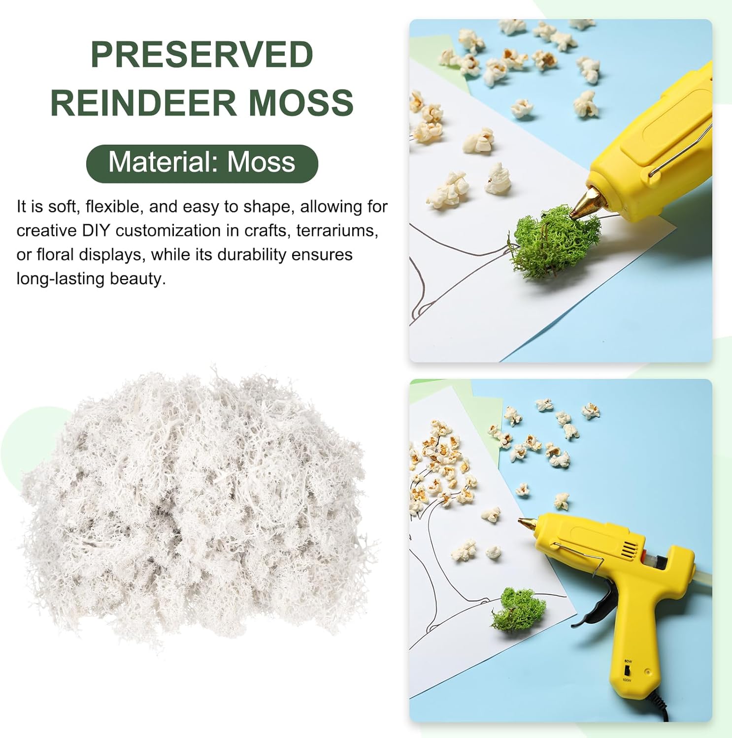 MECCANIXITY 7.8oz Preserved Reindeer Moss, White Decorative Artificial Fake Moss for Potted Plants Indoor Crafts Lichen Centerpieces Decor