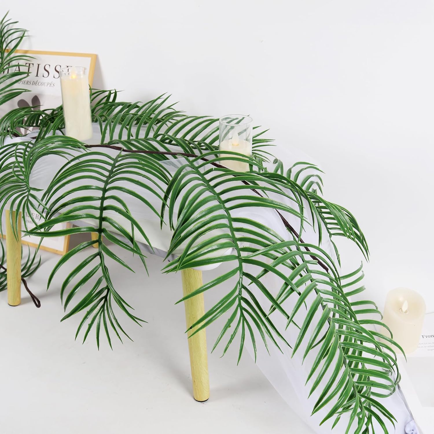RECUTMS Artificial Palm Leaves Vine 6FT Fake Tropical Greenery Garland Faux Hanging Ivy Vines Wreaths Indoor Outdoor Home Wedding Jungle Hawaiian Luau Party DIY Fireplace Mantle Table Decoration