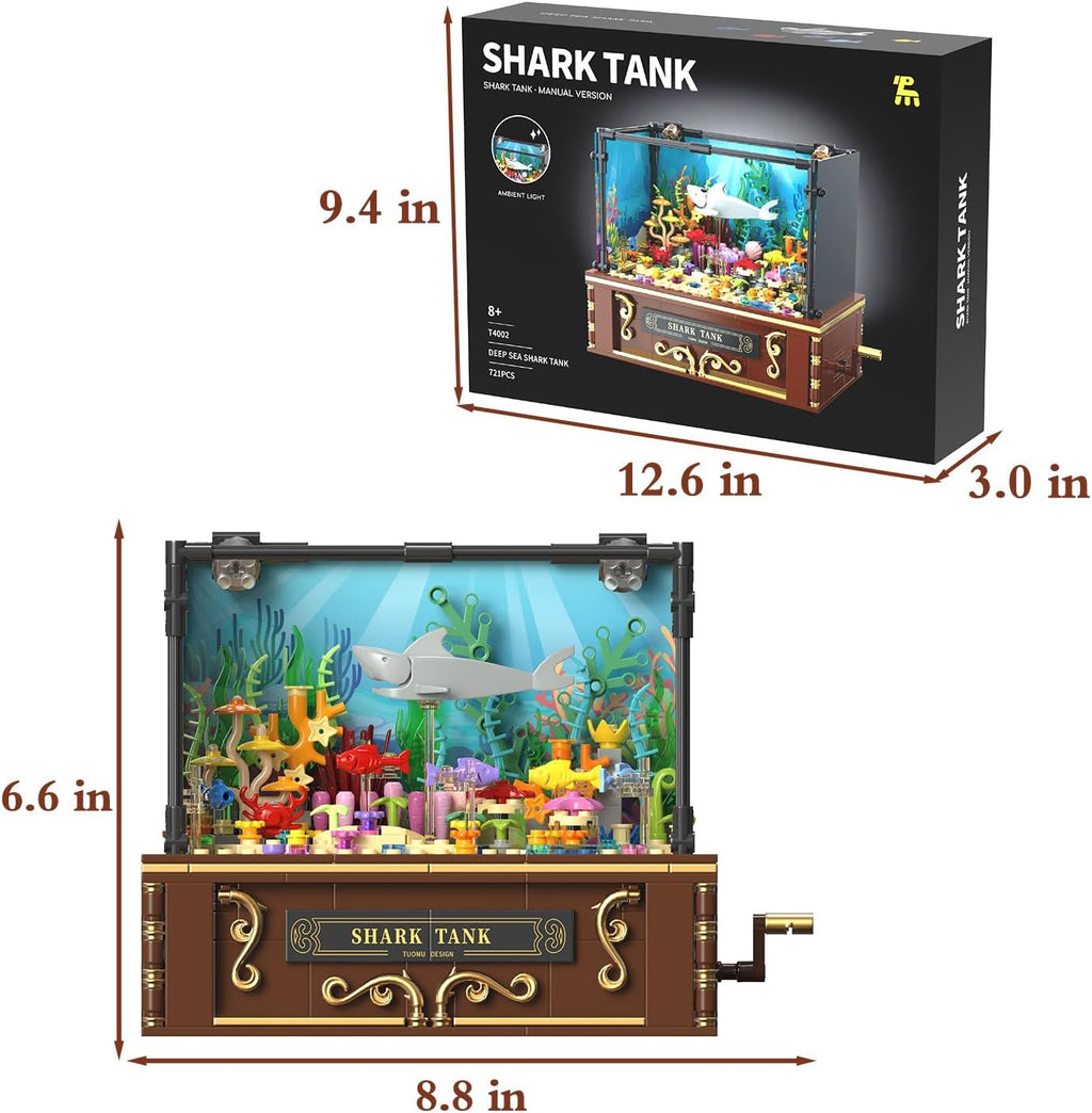 Fistone Fish Shark Tank Building Set for Kids & Adults, Lighting Aquarium Building Block Set, Includes Sharks, Seaweed and Crabs, Hand-Cranked Dynamic Animal Toy for Boys and Girls Ages 8+, 721pcs