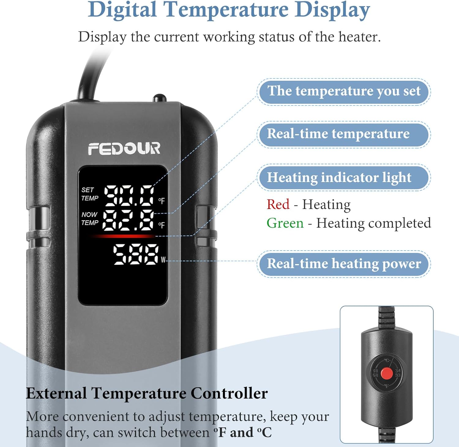 FEDOUR 600W 800W Titanium Aquarium Heater with External Controller, LED Digital Display Submersible Heater with Overheating Protection, for up to 220Gallon Fish and turtle Tank (600W for up to 160Gal)
