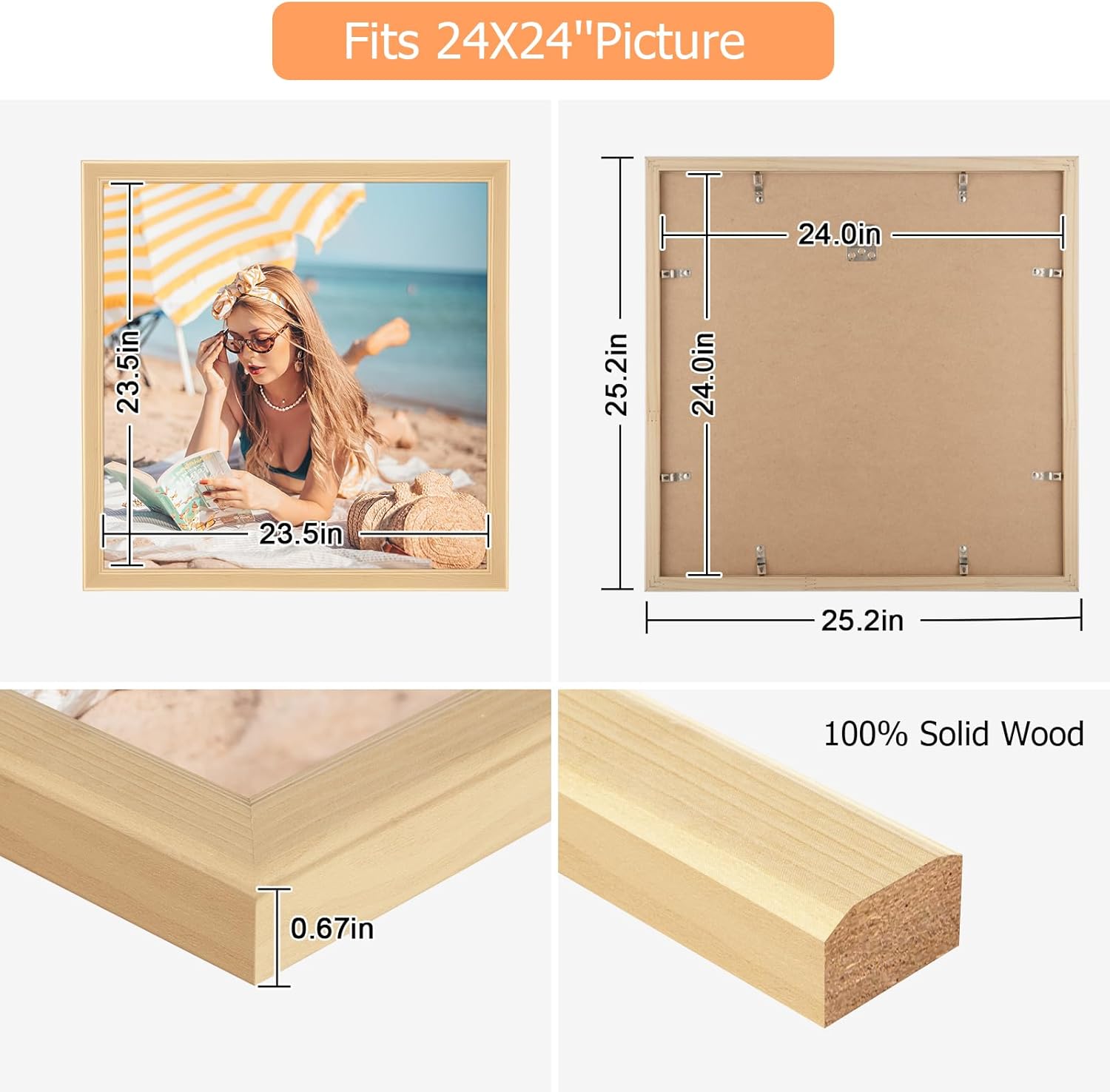 24x24 Wood Frame, Rustic Natural Wooden 24x24in Poster Picture Frame, Modern Beige Woodgrain 24 x 24inch Gallery Wall Photo Frame with HD Plexiglass, Horizontal Vertical Wall Mounting Display 1pcs