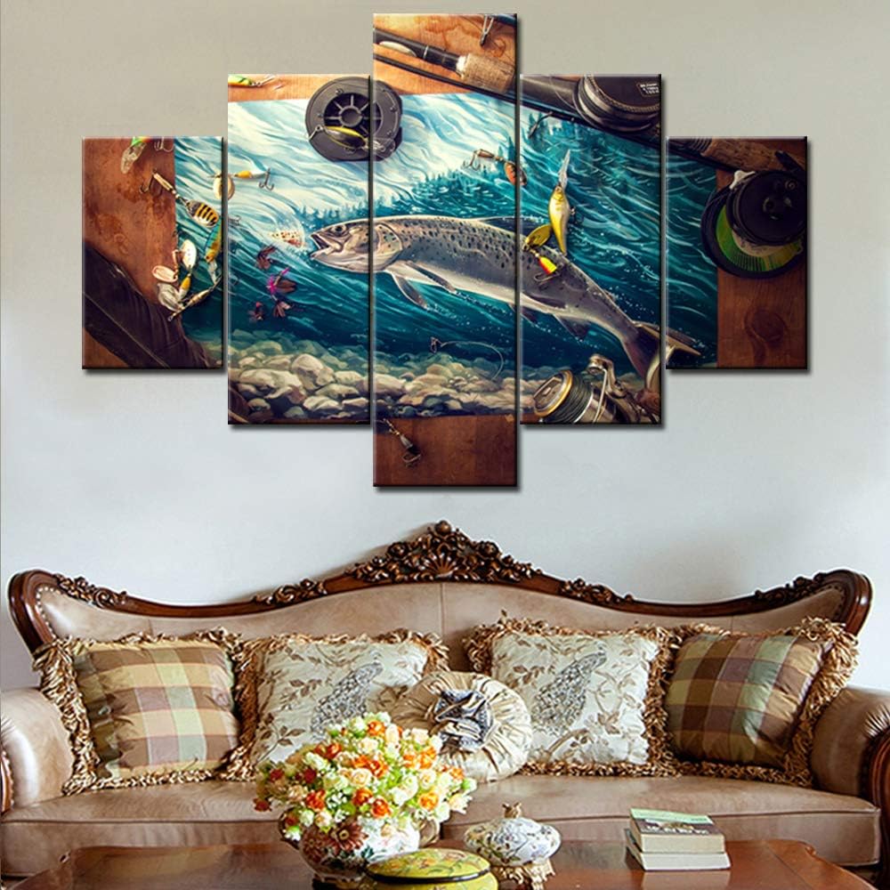 Wall Art for Living Room Fishing Reel and Rod Pictures Fish Angling Paintings 5 Panel Printed on Canvas Landscape Artwork Rustic House Decor Wooden Framed Gallery-Wrapped Ready to Hang(60''Wx40''H)