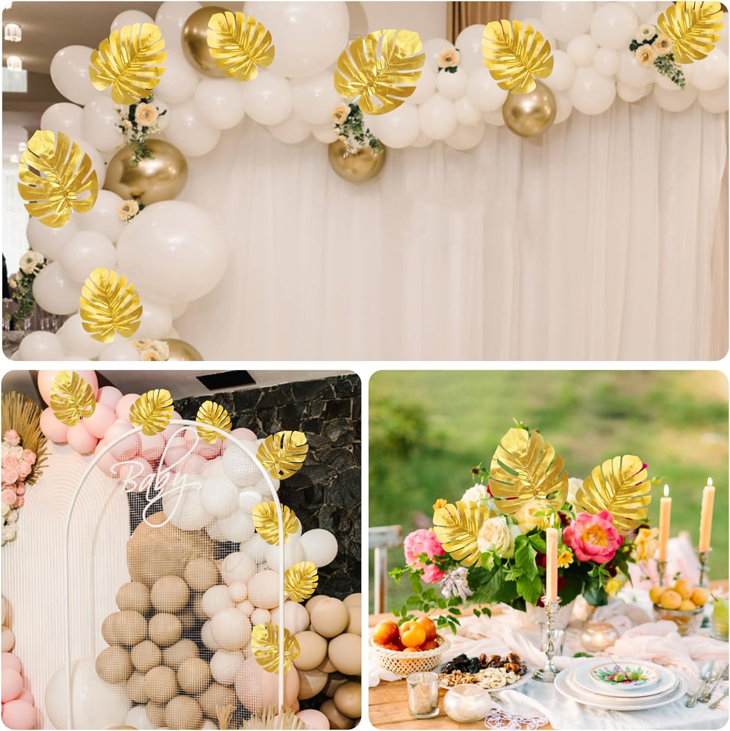 KIMOBER 24PCS Artificial Gold Palm Leaves,Mixed Size Golden Faux Tropical Monstera Leaves Realistic Artificial Plants Leaf for Home Hawaiian Luau Party Jungle Beach Decorations