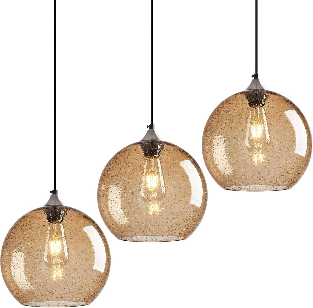 Light Brown Glass Pendant Lights Kitchen Island Globe Pendant Light Fixtures Modern Pendant Lighting for Bedroom Living Dining Room Light Fixture (9.84 in, 3 Pack)