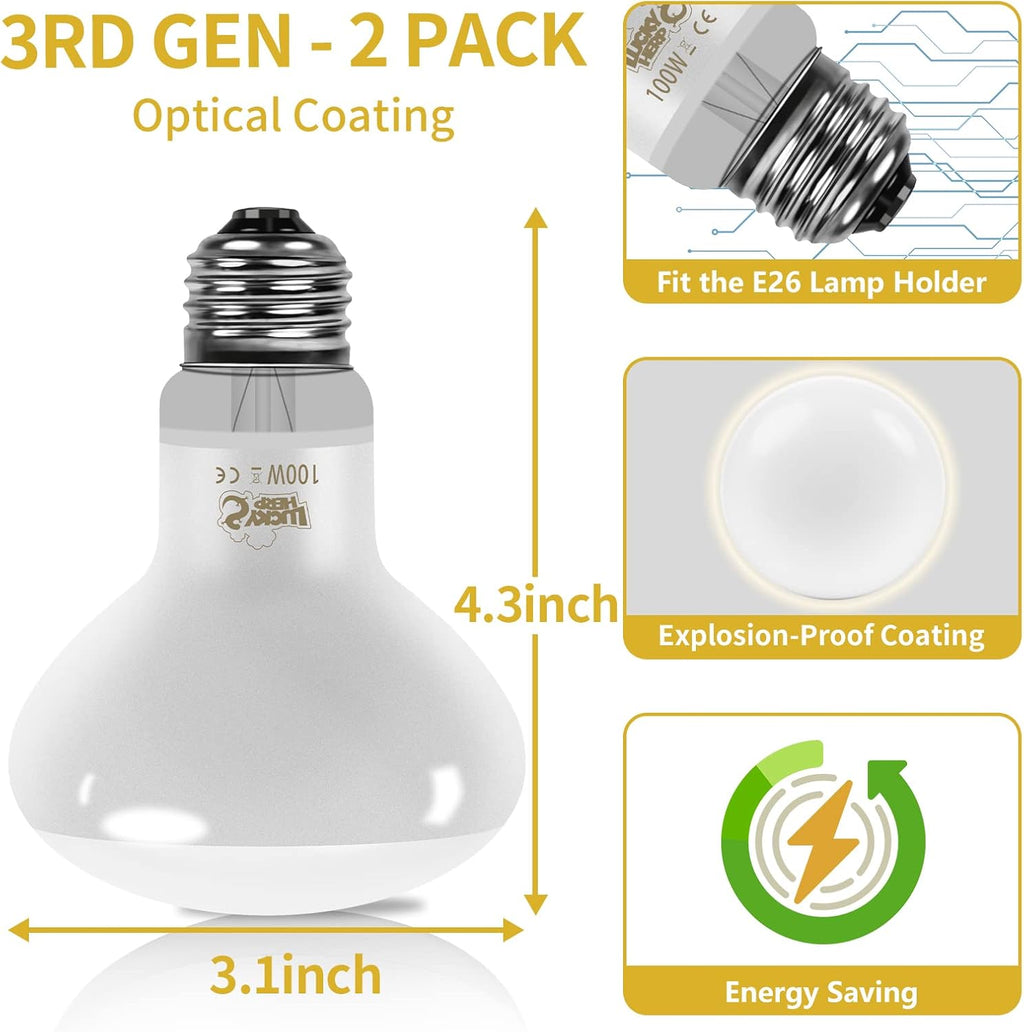 LUCKY HERP New Upgrade 100W Reptile Heat Lamp Bulb (3rd Gen, Safer), Amphibian Basking Spot Light Bulb, UVA Reptile Daylight Bulb for Turtle, Bearded Dragon, Lizard Heating Use (2 Pack)