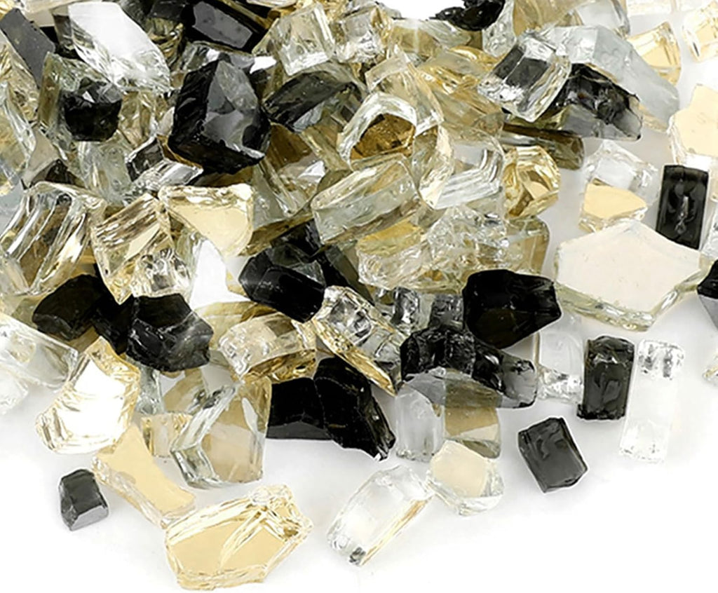 Skyflame 10-Pound Blended Fire Glass for Fire Pit Fireplace Landscaping - 1/4 Inch Reflective Tempered Fireglass Onyx Black, Platinum, Gold