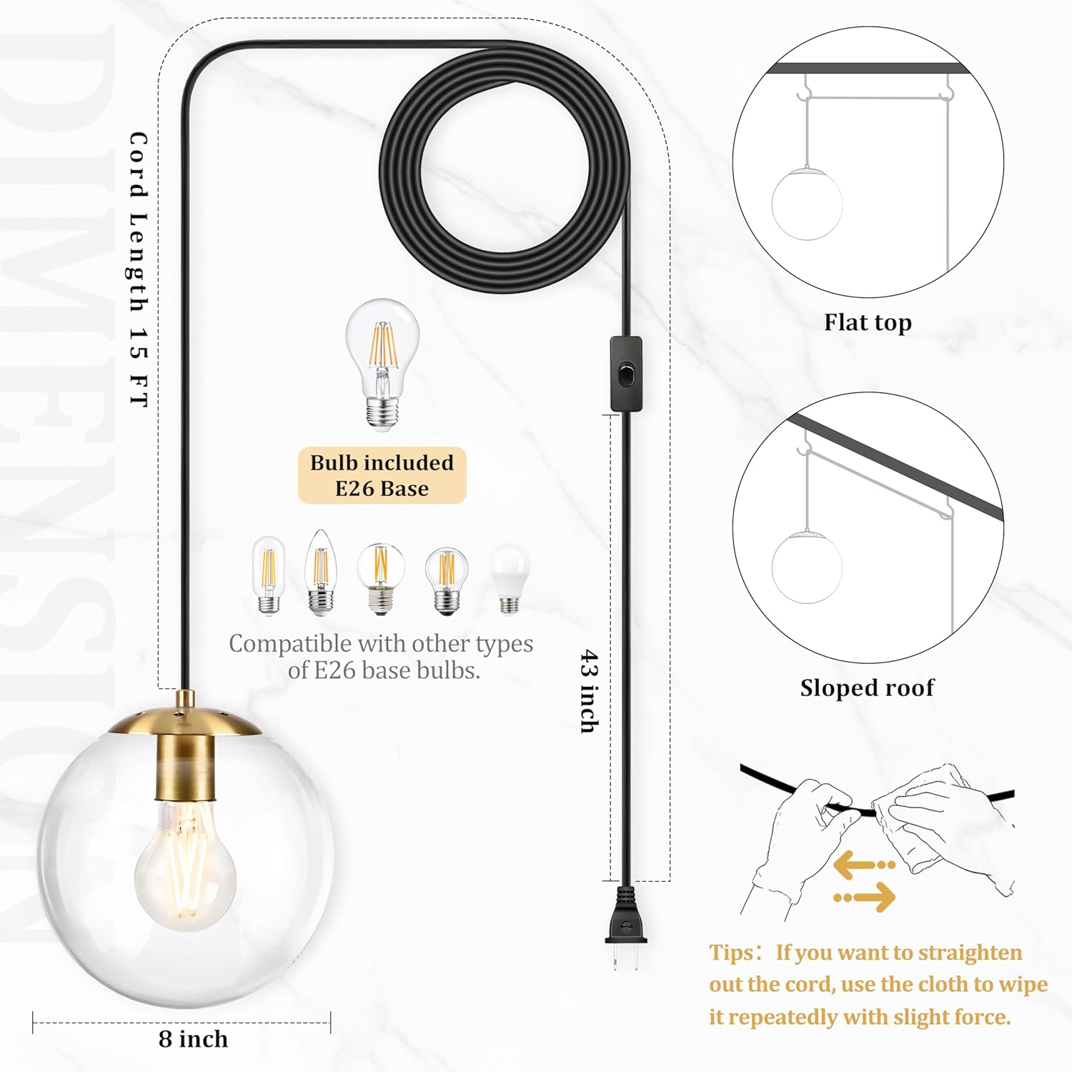 KoKo&Yukina 8" Globe Pendant Light Gold Plug in Pendant Light Adjustable Hanging Lights with Plug in Cord Brushed Gold Finished with Clear Glass Lampshade for Bedroom Kitchen Island（Bulb Included）