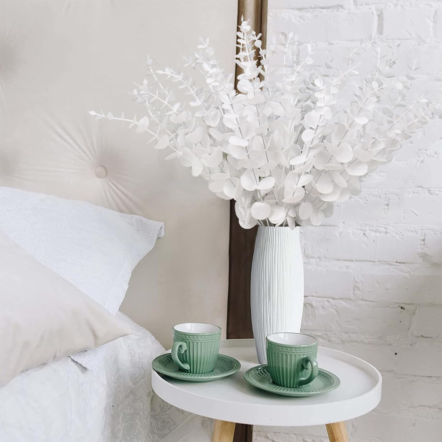 RECUTMS Artificial Eucalyptus Leaves Stems 36Pcs 15Inch Faux White Leaf Branches Plants for Vase Thanksgiving Christmas Halloween Party Wedding Flower Bouquet Floral Arrangement Home Office Decor