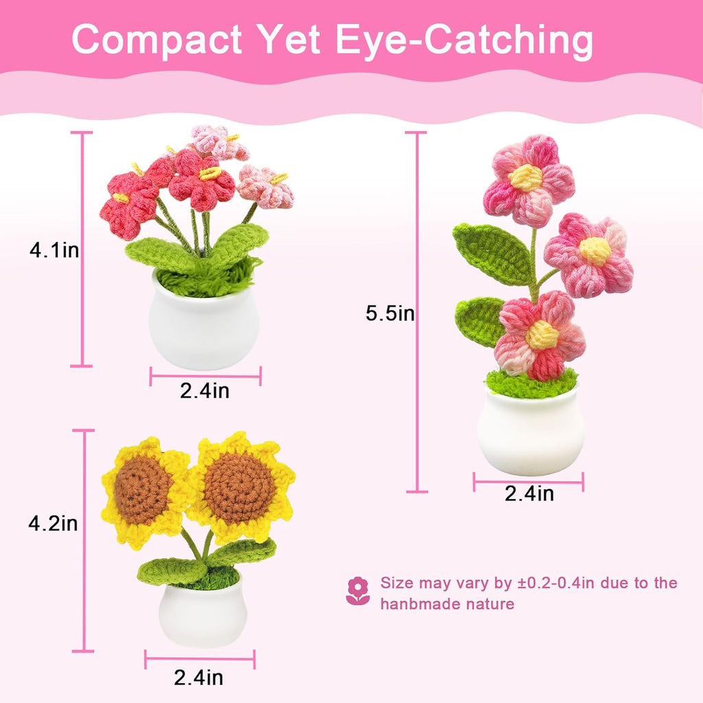 3pcs Crochet Flowers Cute Potted Flower,Mini Flower Bouquet for Mom Wife, Cute Desk Decor for Women,Artificial Handmade Flowers for Car Dashboard,Home Office Decoration (Color#1)