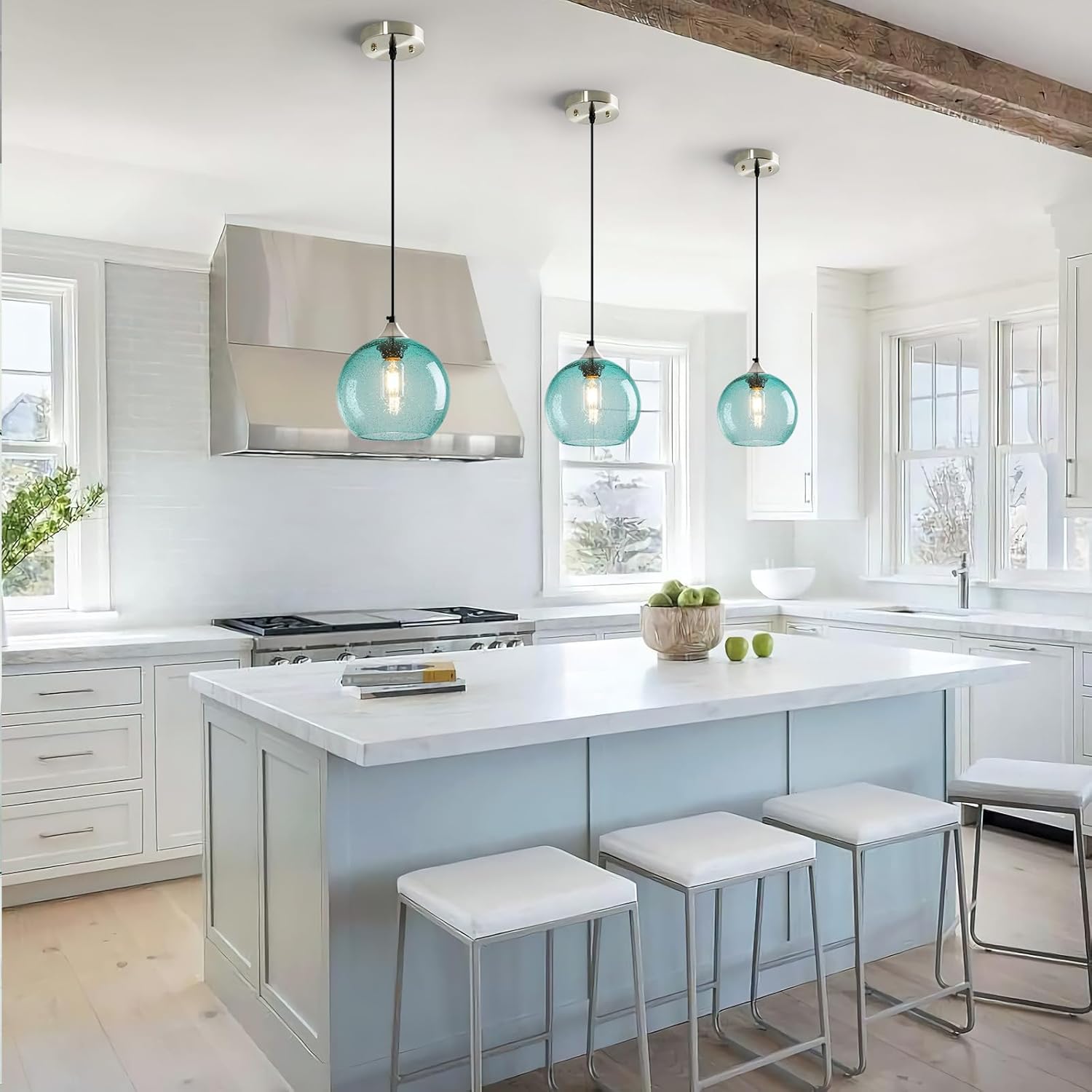 Light Blue Glass Pendant Lights Kitchen Island Lighting Globe Pendant Light Fixtures Modern Pendant Lighting for Bedroom Living Dining Room Light Fixture (7.87 in, 1 Pack)