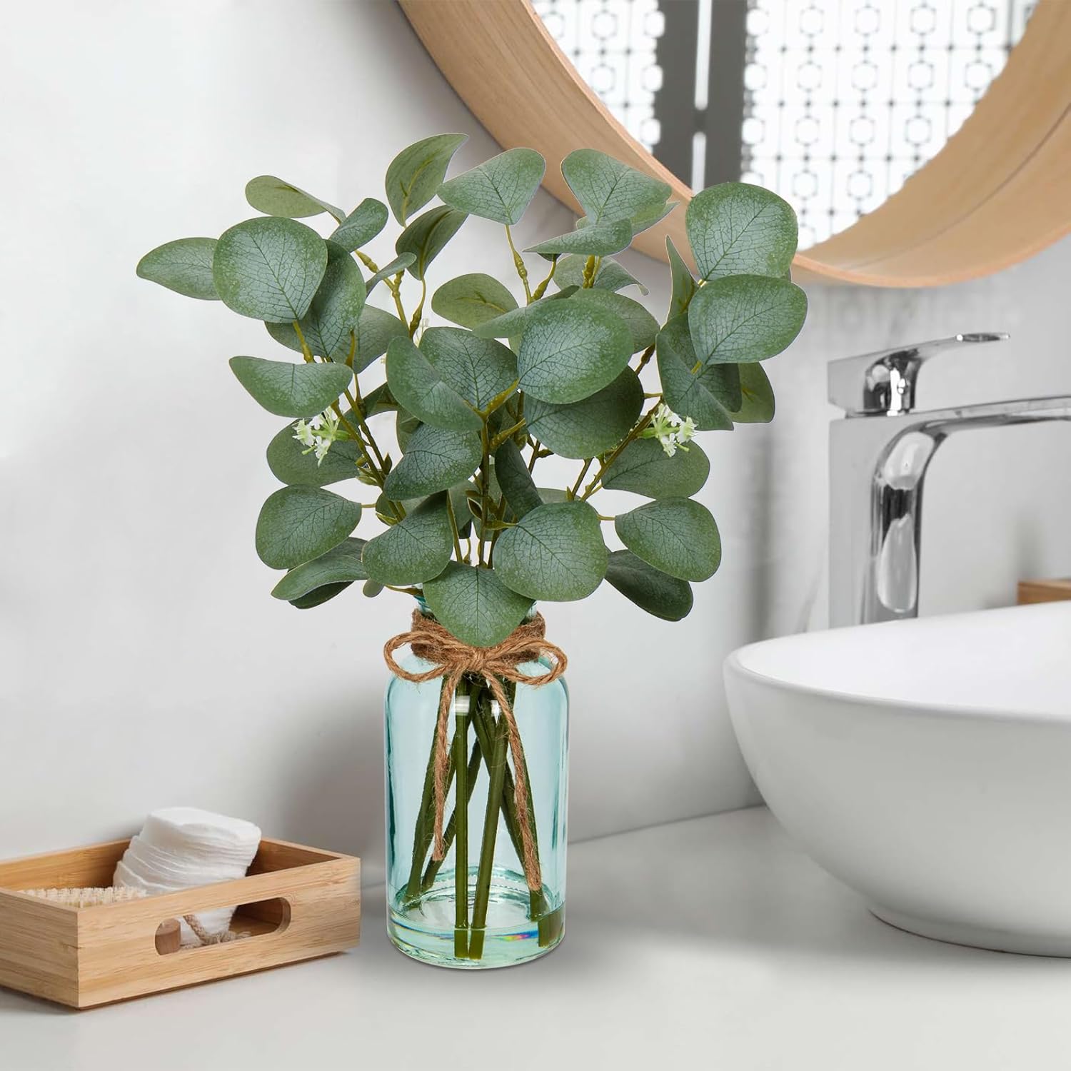 Briful Artificial Eucalyptus Stems in Blue Glass Vase with Faux Water, 14" Fake Plant Eucalyptus Leaves for Home Farmhouse Wedding Centerpiece Bathroom Décor