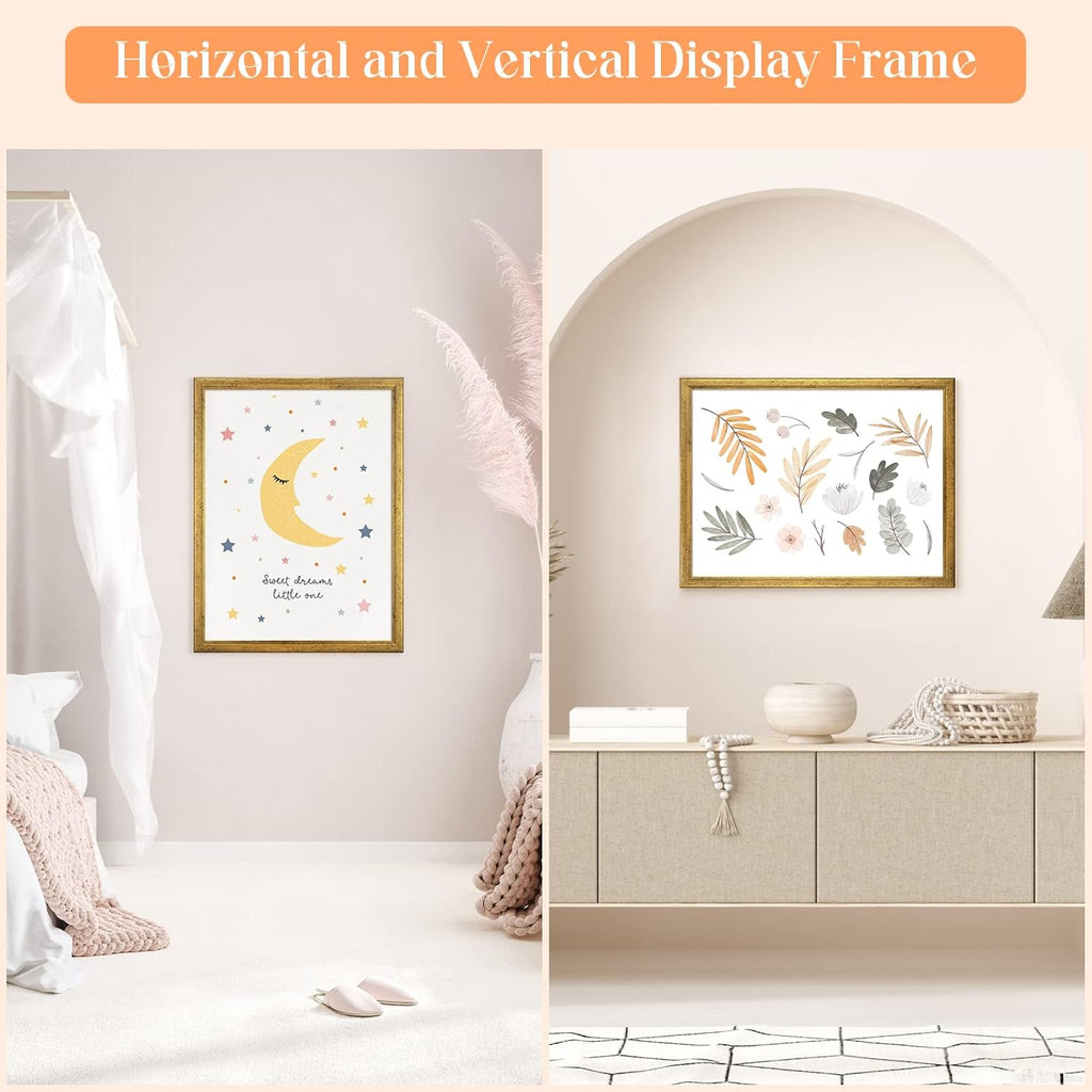 Wood 20x28 Frame Gold, Ornate Natural 28x20in Poster Picture Frame, Modern Golden 20 x 28inch Gallery Wall Photo Frame with HD Plexiglass, Horizontal Vertical Wall Mounting Display 1pcs