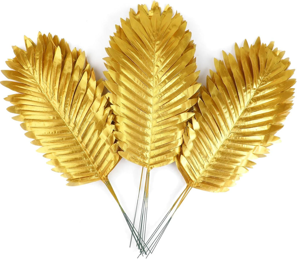 CCINEE 16 PCS Artificial Palm Leaves, Golden Faux Large Palm Fronds Fake Tropical Plant Simulation Safari Leaves with Stems for Home Hawaiian Luau Party Jungle Beach Theme Party Decoration