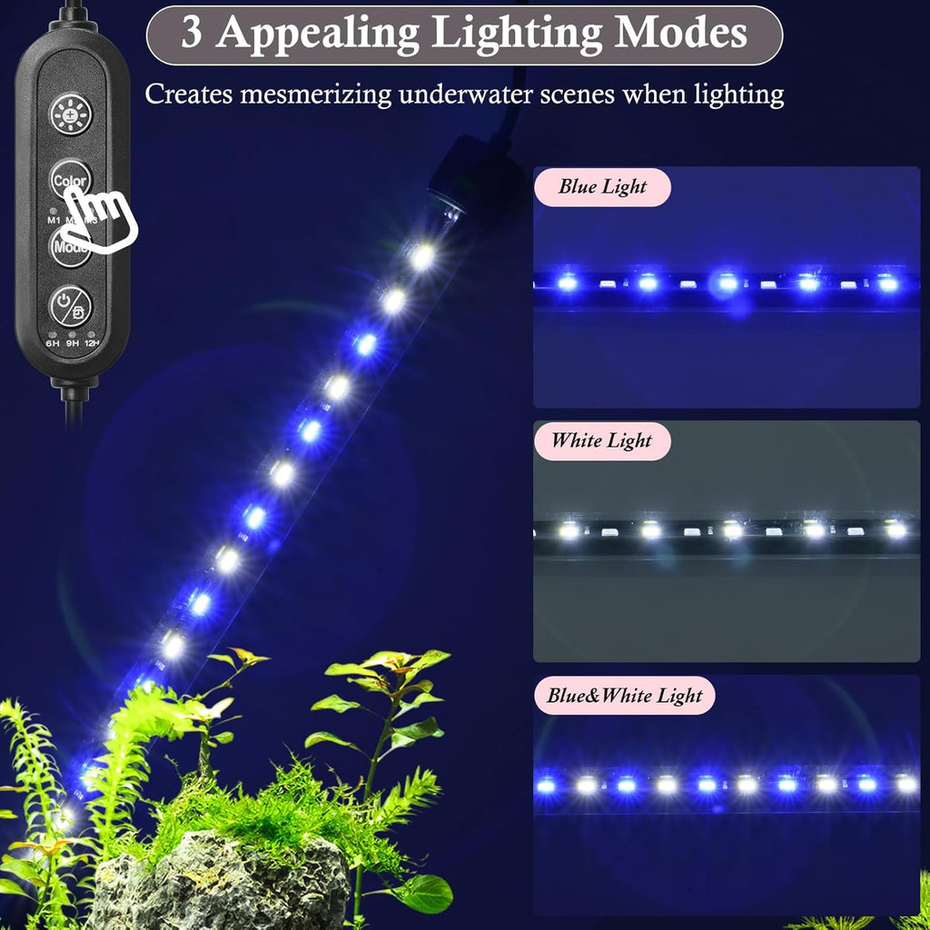 Dirvin 15inches 24/7 Mode Submersible Aquarium LED Light, 27 LED Beads 3 Colors Fish Tank Light with Timer Brightness Adjustable, Sunrise-Daylight-Moonlight Simulation for 15"-24" Fish Tank, 8W