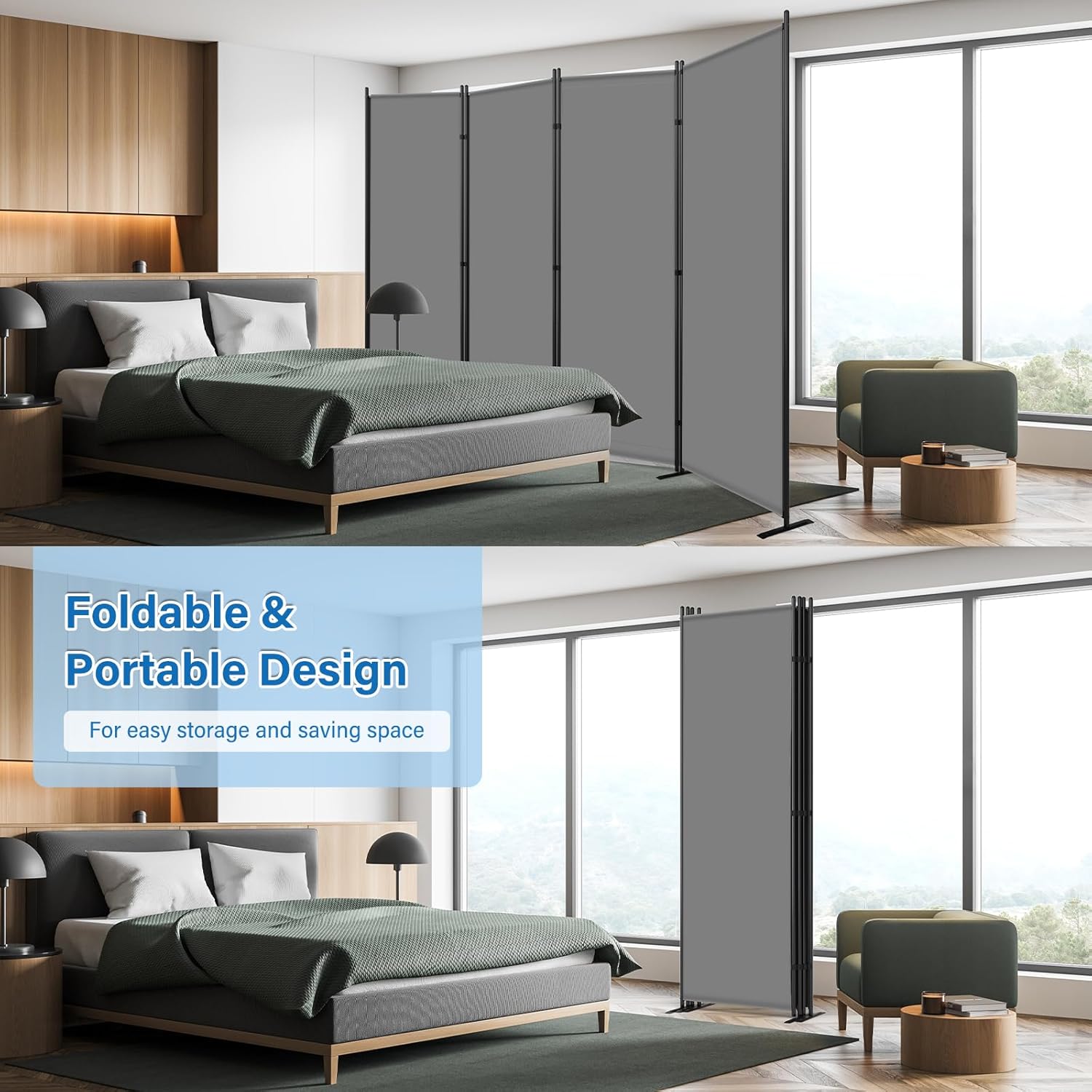 AKTOP 4 Panel Room Divider, 6FT Portable Wall Divider for Room Separation, 88" W Fabric Partition Room Dividers and Folding Privacy Screens, Freestanding Room Separators for Home Office Bedroom, Grey