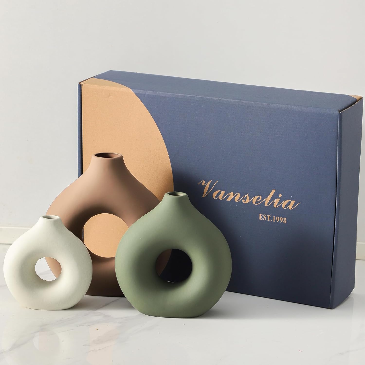 Ceramic Vase Home Table Decor - Flower Vases Set of 3 Small Living Room Centerpiece Decorations for Shelf Bedroom Office Kitchen Dining Desk Modern Aesthetic Farmhouse Decorative (Brown)