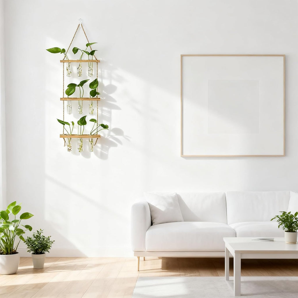 Wall Hanging Propagation Stations 3 Tired Wall Planter Terrarium with Wooden Stand and Glass Test Tubes Plant Hanger Flower Vase for Home Office Wall Decor Hydroponic Cuttings