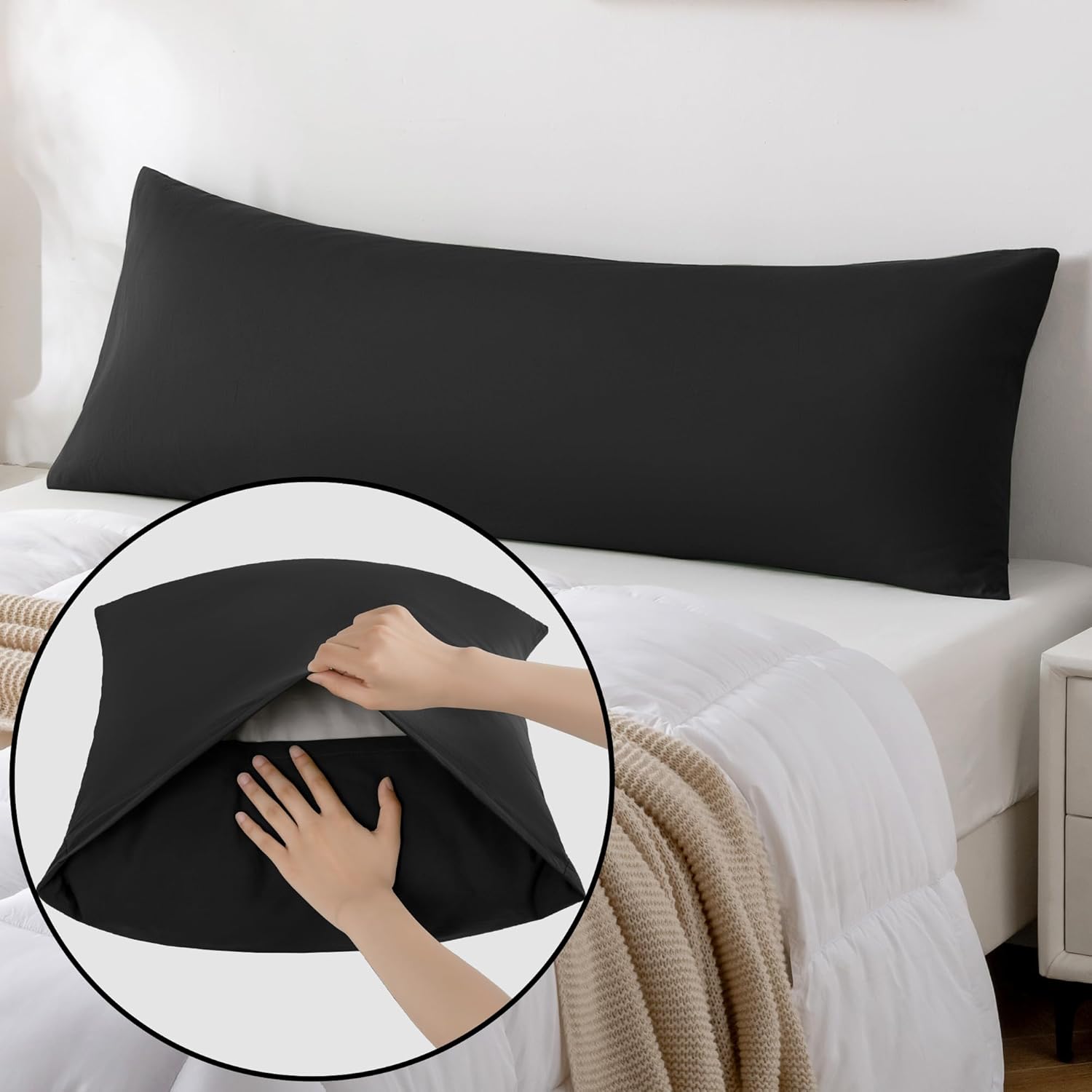 JELLYMONI Pillowcase Body 1pc Cotton Envelope Pillow Cover Pure Black 20×54in Bed Pillow Case 100% Washed Cotton Soft Breathable (Pillows are not Included)