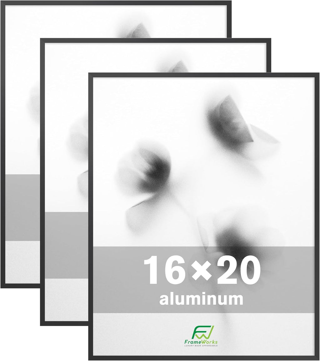 FrameWorks 16x20 Brushed Aluminum Poster Frames – Modern Brushed Metal Design w/Shatterproof Plexiglass, Perfect for Posters, Artwork, Paintings, Wall Displays – Home or Office Decor, Black - 3 Pack